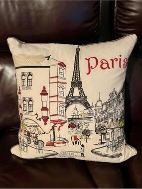 Cynthia Rowley Paris Scene Embroidered Pillow - Red & Cream